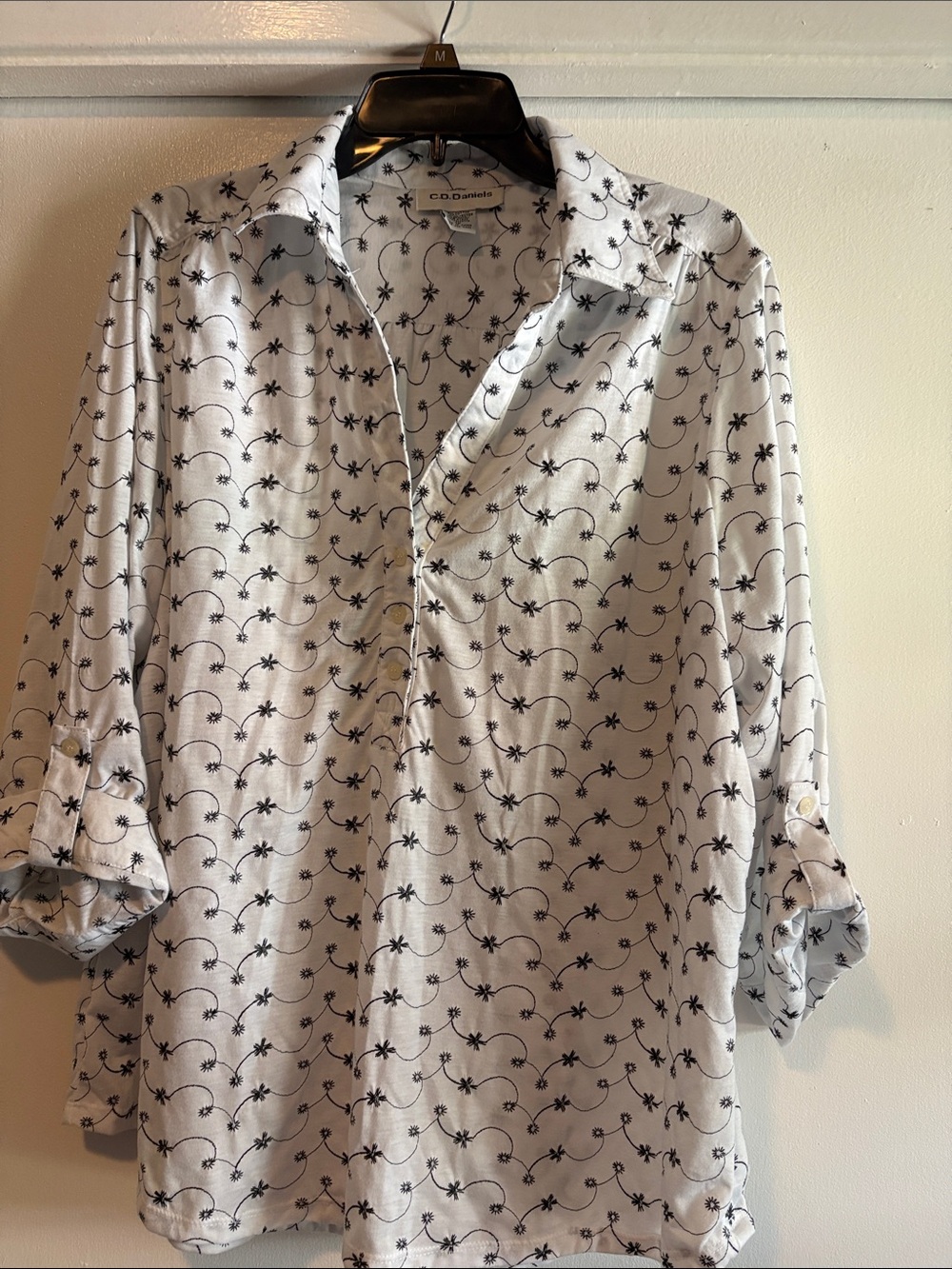 White Button-Up Shirt with black Floral Wave Print